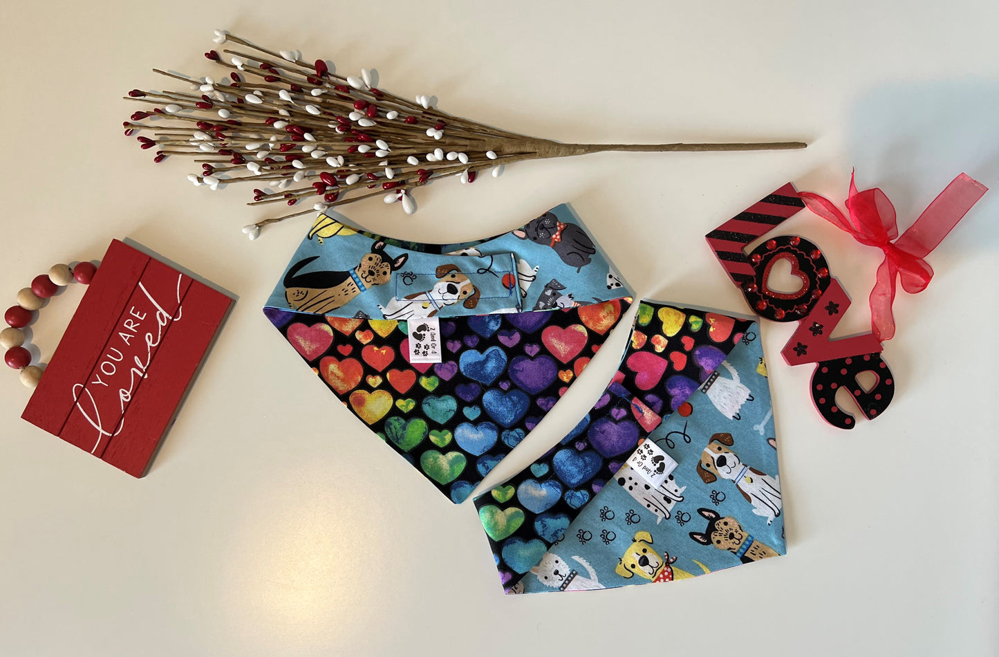 Sitting Dogs - Rainbow Hearts Reversible Pet Bandana