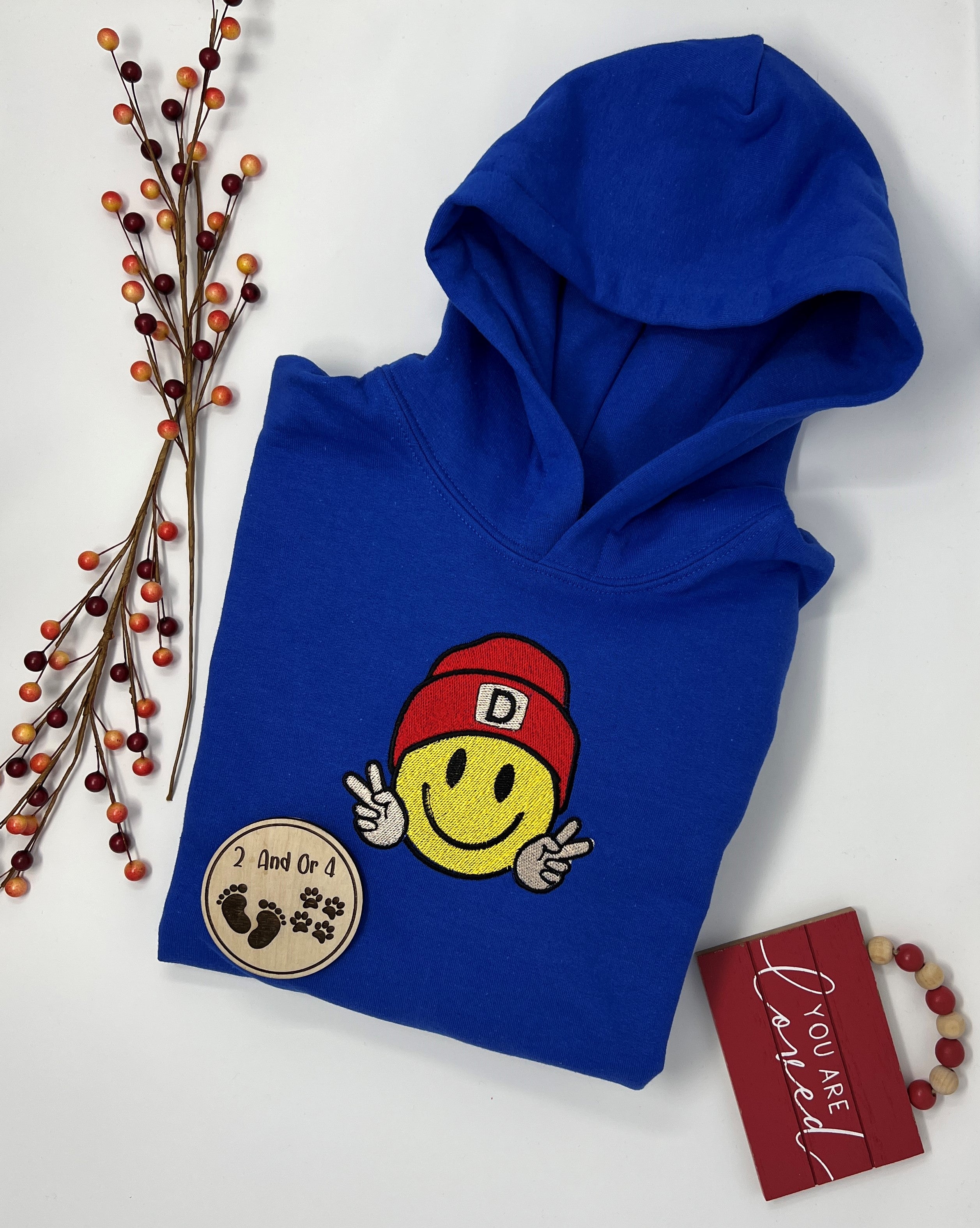 Embroidered Smiley Face Hoodie Royal Blue 2 And Or 4 LLC